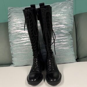 ZARA WOMENS HIGH FAUX BLACK LEATHER LACE UP BOOTS/SIDE ZIPPER SIZE EUR38 USA 7.5